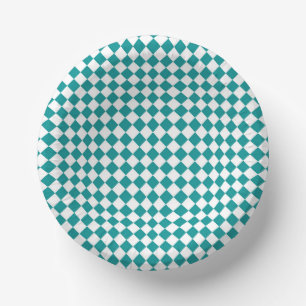 Teal White Checker Diamond Pattern Paper Bowls
