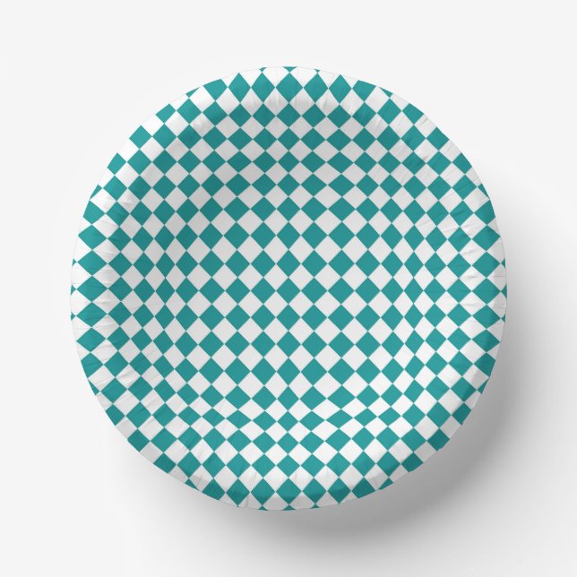Teal White Checker Diamond Pattern Paper Bowls (Front)
