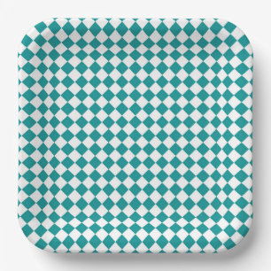 Teal White Checker Diamond Pattern Paper Plates