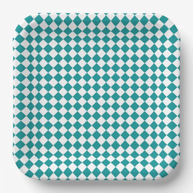Teal White Checker Diamond Pattern Paper Plates (Front)