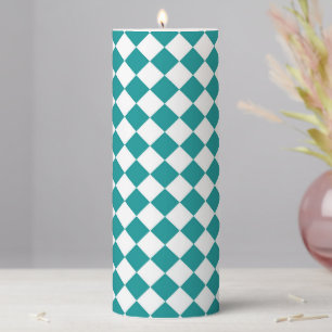 Teal White Checker Diamond Pattern Pillar Candle
