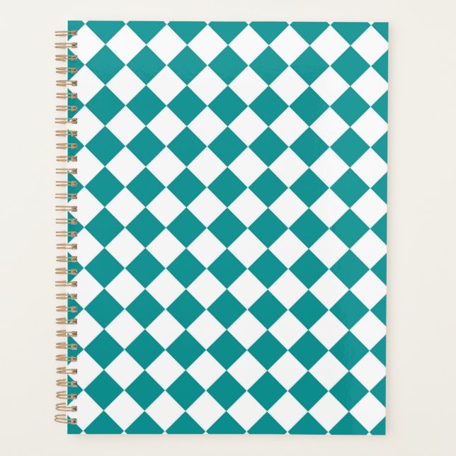 Teal White Checker Diamond Pattern Planner (Front)