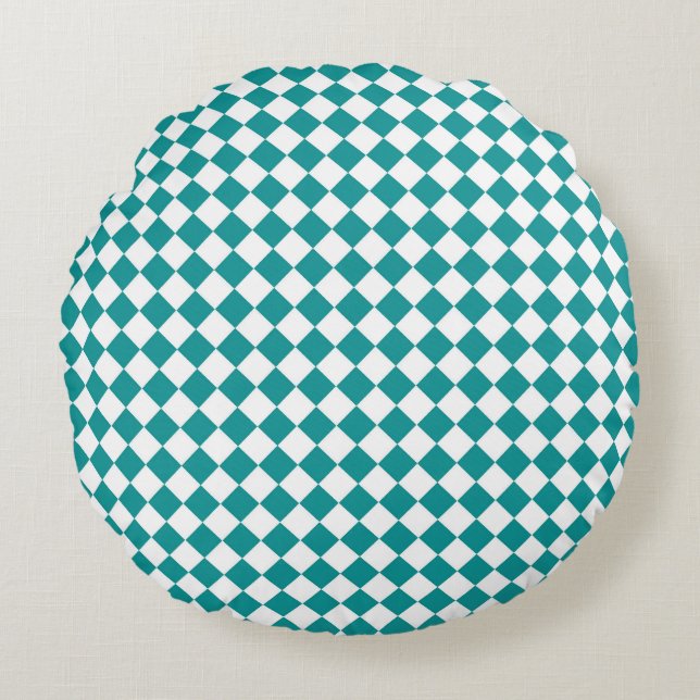 Teal White Checker Diamond Pattern Round Pillow (Front)