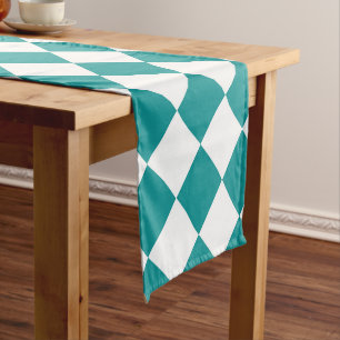 Teal White Checker Diamond Pattern Short Table Runner