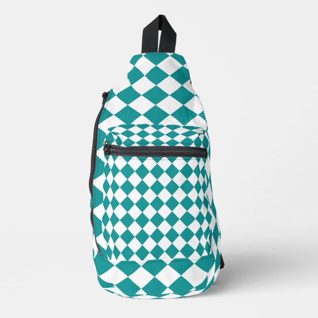 Teal White Checker Diamond Pattern Sling Bag (Front)