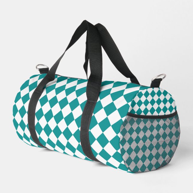 Teal White Checker Diamond Pattern Small Duffle Bag (Right Corner)