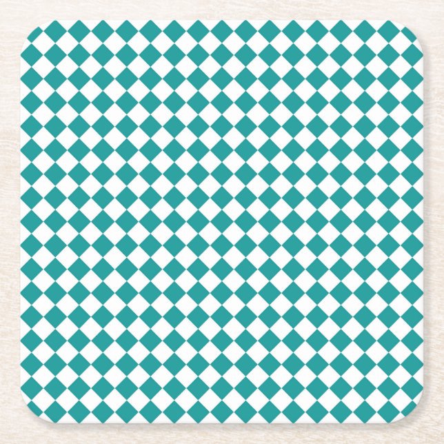 Teal White Checker Diamond Pattern Square Paper Coaster (Front)