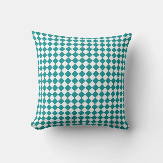 Teal White Checker Diamond Pattern Throw Pillow (Front)