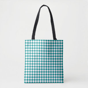 Teal White Checker Diamond Pattern Tote Bag