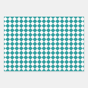 Teal White Checker Diamond Pattern Wrapping Paper Sheets