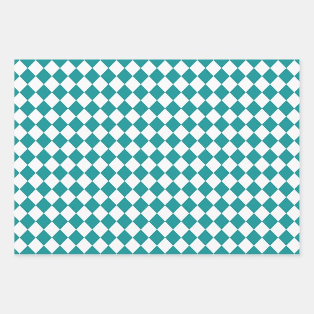 Teal White Checker Diamond Pattern Wrapping Paper Sheets (Front)