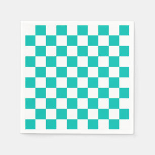 Teal White Chequered Board Pattern Napkins
