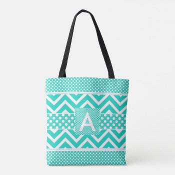 Teal White Chevron And Polka Dots Monogrammed Tote Bag by MaeHemm at Zazzle