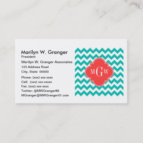 Teal White Chevron Coral Quatrefoil 3 Monogram Business Card Template