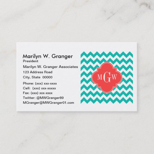 Customizable Teal White Chevron Coral Quatrefoil 3 Monogram Business Card Template