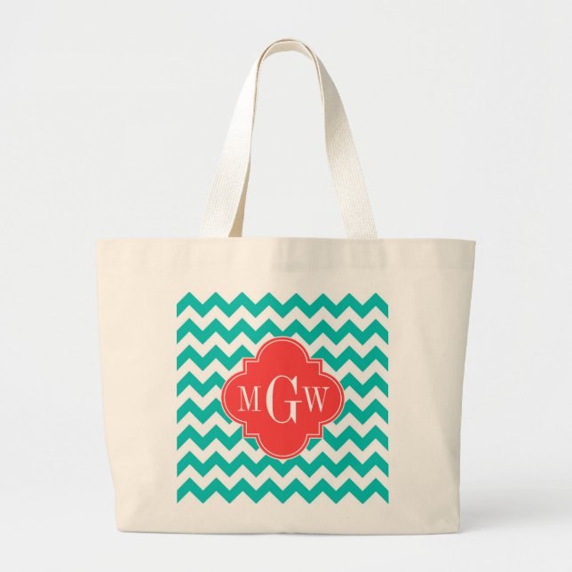 Teal White Chevron Coral Quatrefoil 3 Monogram Large Tote Bag (Front)