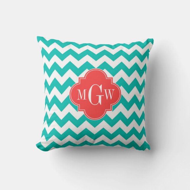 Teal White Chevron Coral Quatrefoil 3 Monogram Throw Pillow (Front)
