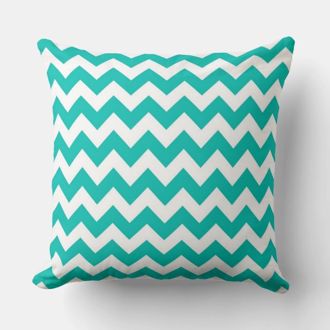 Teal White Chevron Zig-Zag Pattern Throw Pillow (Front)
