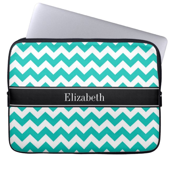 Teal White Chevron ZigZag Black Name Monogram Laptop Sleeve (Front)