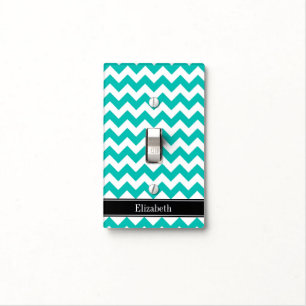 Teal White Chevron ZigZag Black Name Monogram Light Switch Cover