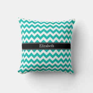Teal White Chevron ZigZag Black Name Monogram Throw Pillow