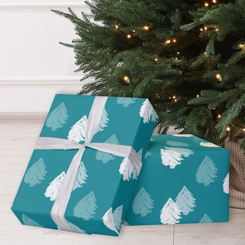 Teal White Christmas Tree Pattern Wrapping Paper