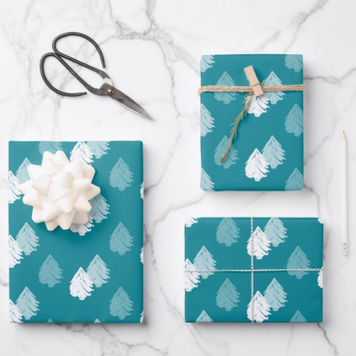Teal White Christmas Tree Pattern Wrapping Paper Sheets