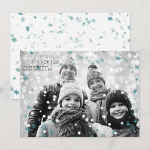 Teal & White Cold Winter Snowflakes Holiday Photo Invitation