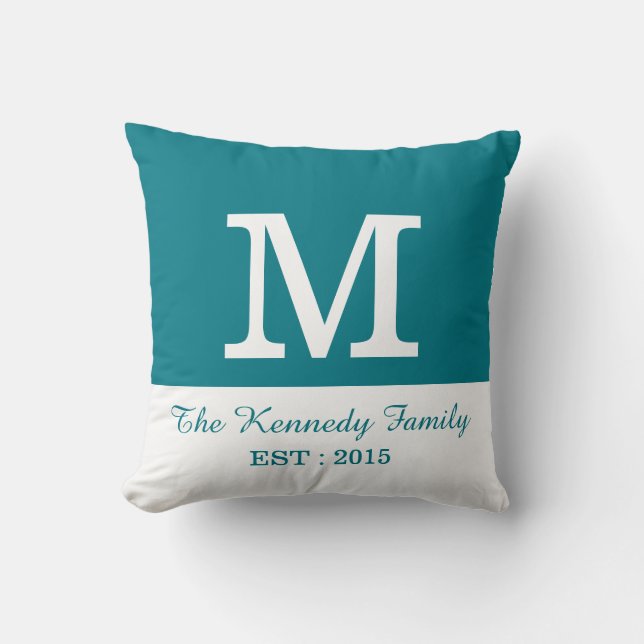 Teal White Color Block Reversible Family Monogram Throw Pillow (Front)