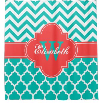 Teal White Coral Red Moroccan #5 Chevron 1iqrn Shower Curtain by FantabulousPatterns at Zazzle