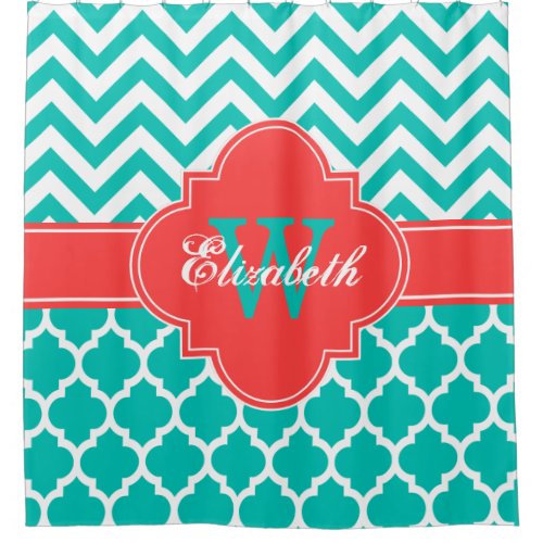 Teal White Coral Red Moroccan 5 Chevron 1IQRN Shower Curtain