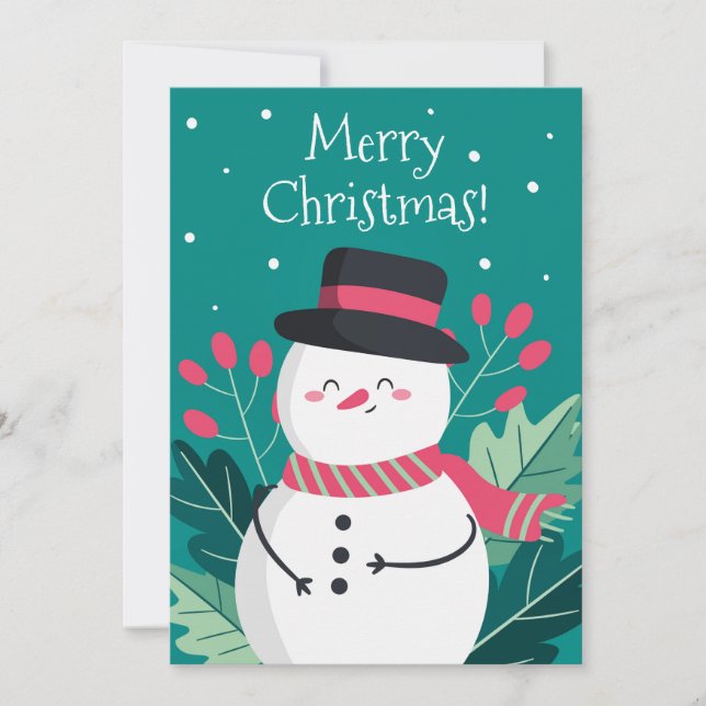 Teal White Cute Snowman Merry Christmas  Holiday Card (Front)