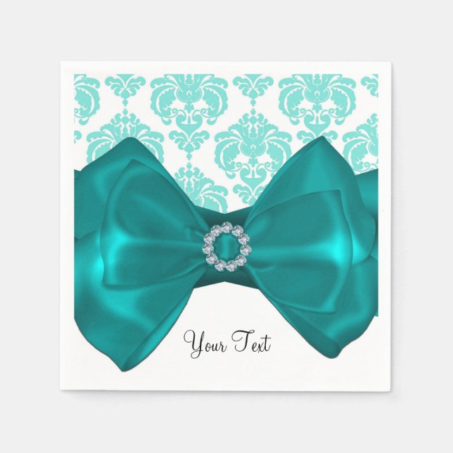 Teal & White Damask Bling Bow Glam Sweet 16 Party Paper Napkins (Front)