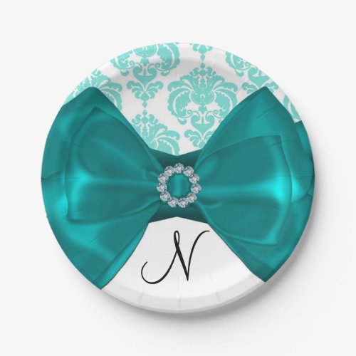 Teal  White Damask Bling Bow Glam Sweet 16 Party Paper Plates