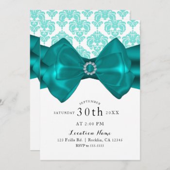 Teal & White Damask Bow Glam Chic Sweet 16 Party Invitation by printabledigidesigns at Zazzle