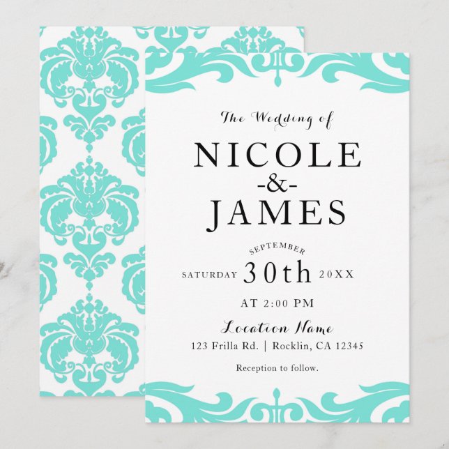 Teal & White Damask Chic Elegant Minimal Wedding Invitation (Front/Back)