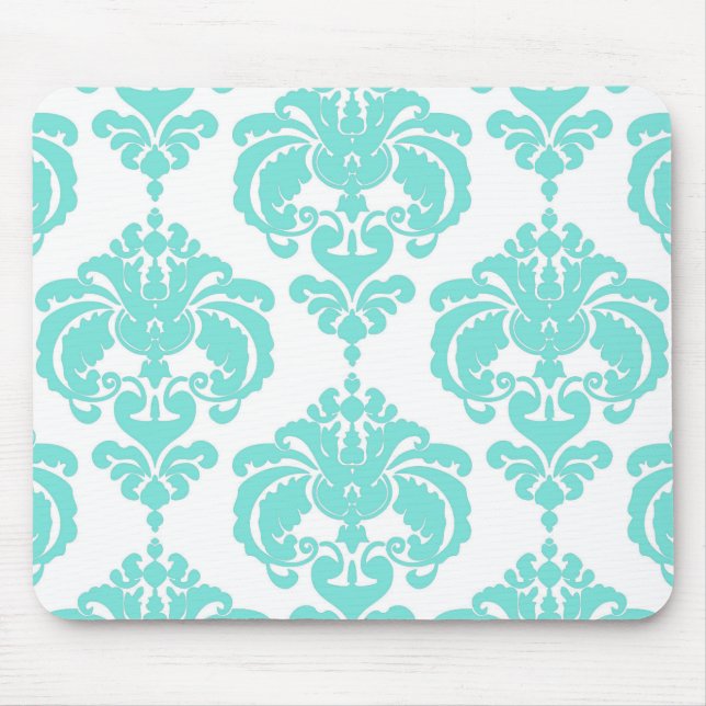 Teal & White Damask Chic Modern Elegant Pattern Mouse Pad (Front)
