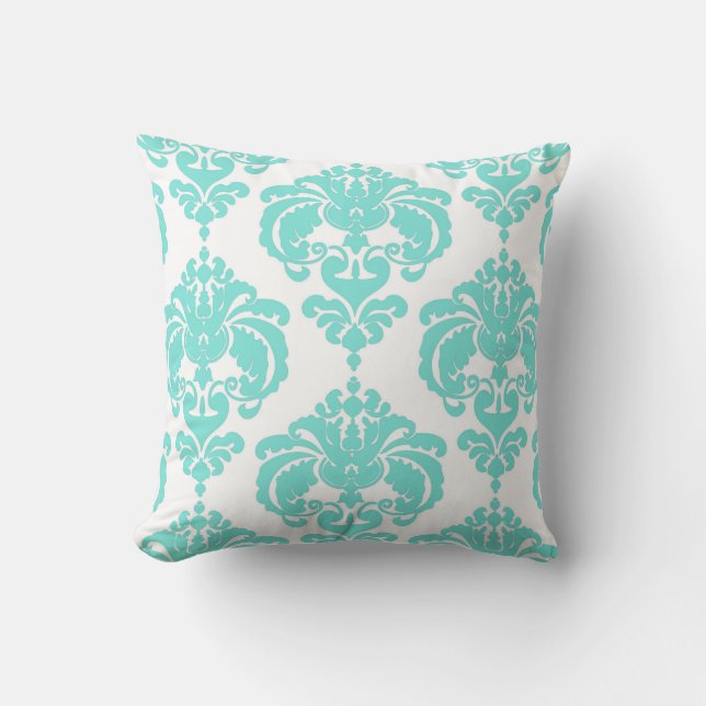 Teal & White Damask Chic Modern Elegant Pattern Throw Pillow (Front)