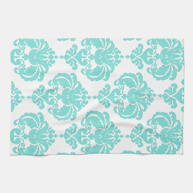 Teal & White Damask Chic Modern Elegant Pattern Towel (Horizontal)