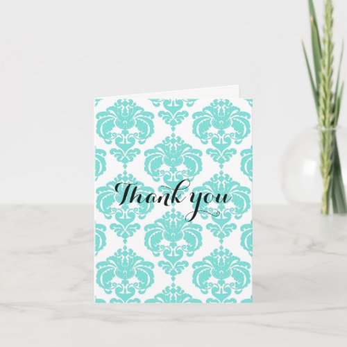 Teal  White Damask Chic Modern Elegant Thank You