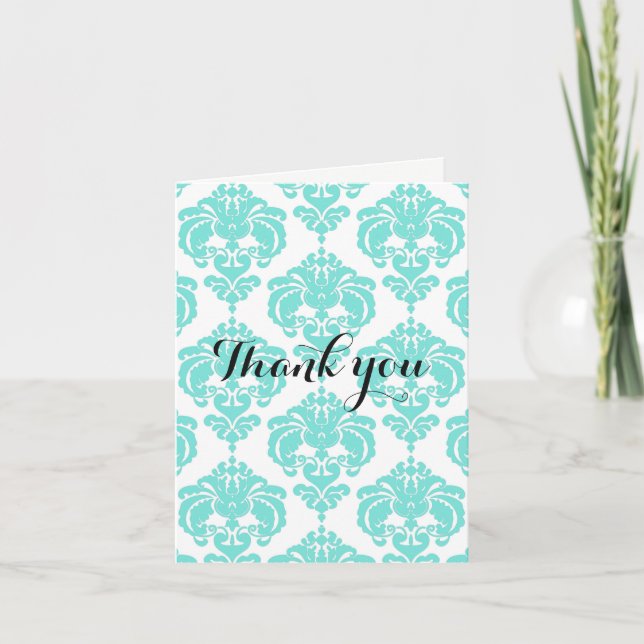 Teal & White Damask Chic Modern Elegant Thank You Card (Front)