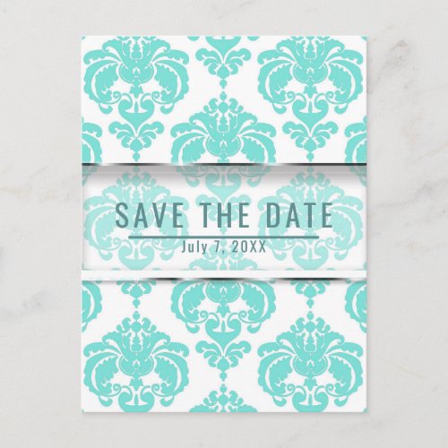 Teal   White Damask Chic Wedding Save the Date Announcement Postcard