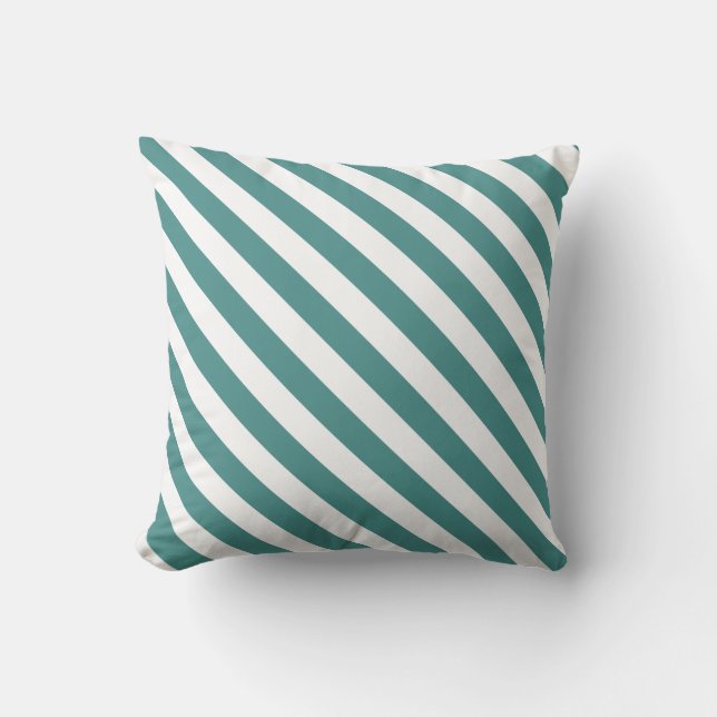 Teal & White Diagonal Stripes Throw Pillow (Front)