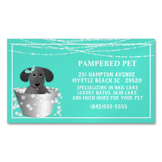 Teal White Dog in Tub Pet Groomer  Business Card Magnet (Front)