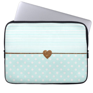 Teal white dots stripes gold faux glitter heart laptop sleeve