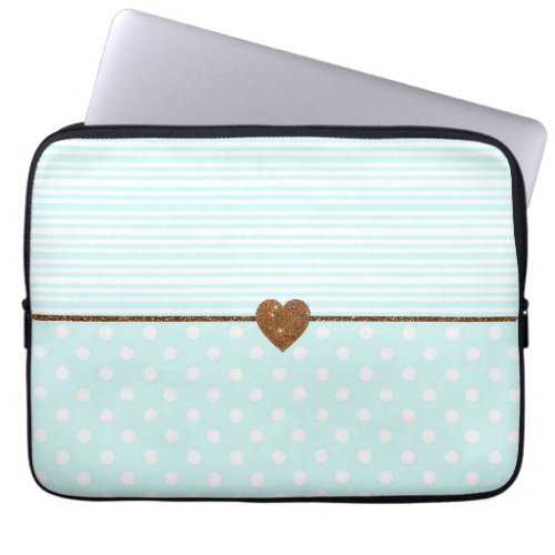 Teal white dots stripes gold faux glitter heart laptop sleeve