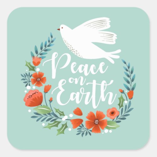 Teal White Dove Peace on Earth Christmas Square Sticker