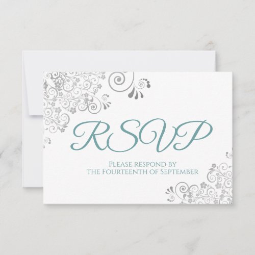 Teal  White Elegant Silver Lace Wedding RSVP Card