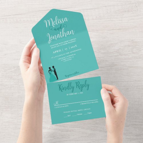 Teal White Elegant Wedding Bride and Groom All In One Invitation