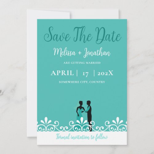 Teal White Elegant Wedding Bride and Groom Save The Date
